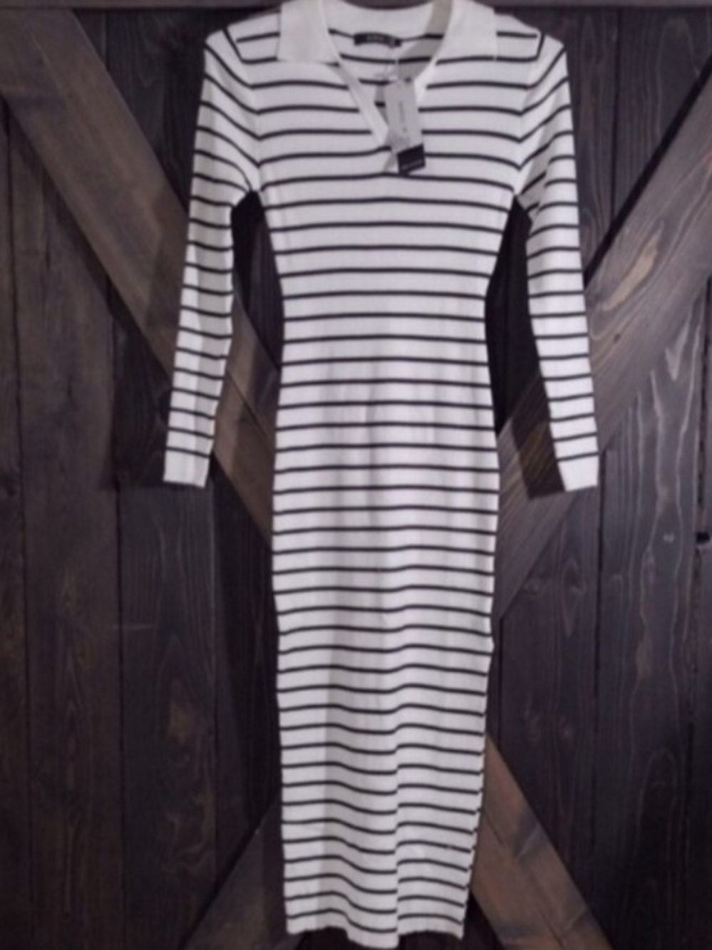 Striped Long Sleeve Polo Midi Dress - White/Black Athleisure Luxe Sporty Rich